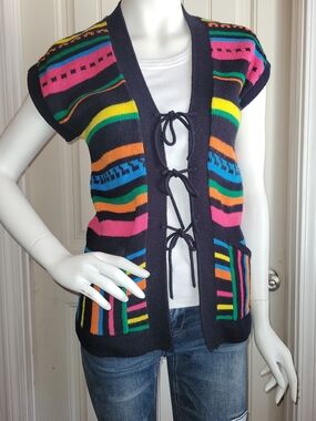 Vintage 70s Rainbow Stripe Knit Front-tie Vest